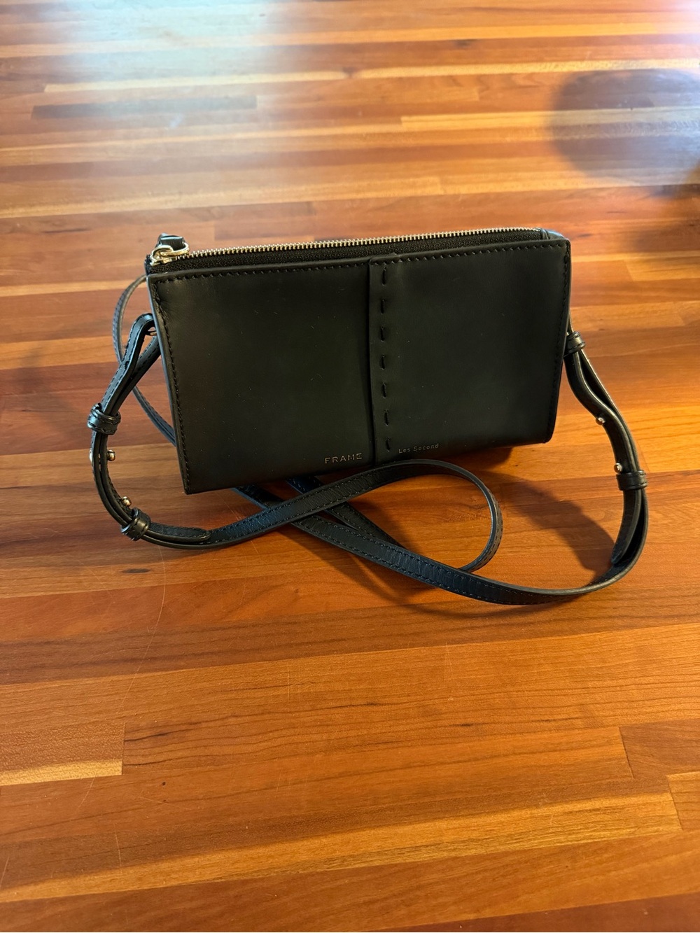 Frame Les Second Black Leather Crossbody Wallet Bag with Gold-Tone Hardware